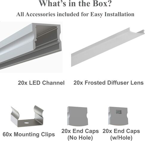 LEDPROFILES 20-Pack 8ft (2.4Meter) U Shape LED Aluminum Channel with Frosted Diffuser, End Caps and Mounting Accessories - 971 Series LED Profile Extrusion Upto 12mm/0.47" Wide LED Strip Light in Saudi Arabia