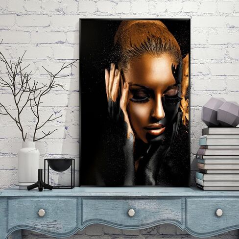 Mikayoo African Art Black and Gold Woman Oil Painting on Canvas Cuadros Posters Girl Canvas Print Scandinavian Wall Art Picture for Girls Living Room Bedroom Decoration - No Frame (Red Lip in Saudi Arabia