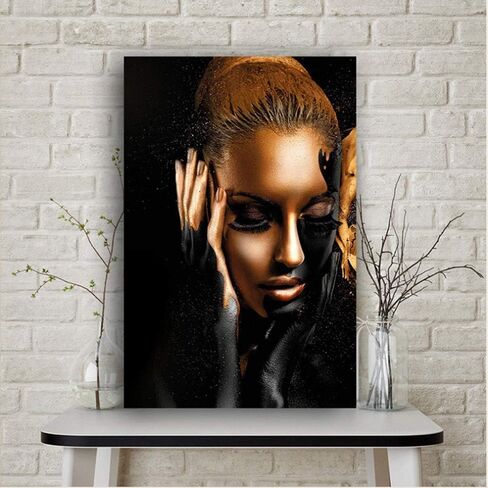 Mikayoo African Art Black and Gold Woman Oil Painting on Canvas Cuadros Posters Girl Canvas Print Scandinavian Wall Art Picture for Girls Living Room Bedroom Decoration - No Frame (Red Lip in Saudi Arabia