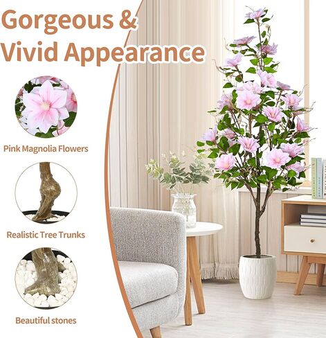 5FT/60IN Magnolia Tree Artificial Magnolia Flower Tree Indoor Faux Floral Tree Tall Fake Outdoor Tree 5 Feet, Realistic Leaves Flowers for Wedding Living Room Office Hotel Decor in Kuwait