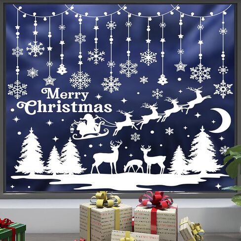 Christmas Window Clings 190Pcs, 2024 New Double Sided Christmas Window Stickers 3D Style, Xmas Snowman Santa Claus Reindeer Snowflakes Window Decals Decorations in Kuwait