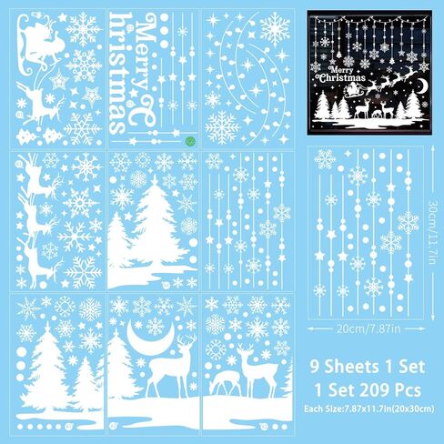 Christmas Window Clings 190Pcs, 2024 New Double Sided Christmas Window Stickers 3D Style, Xmas Snowman Santa Claus Reindeer Snowflakes Window Decals Decorations in Kuwait