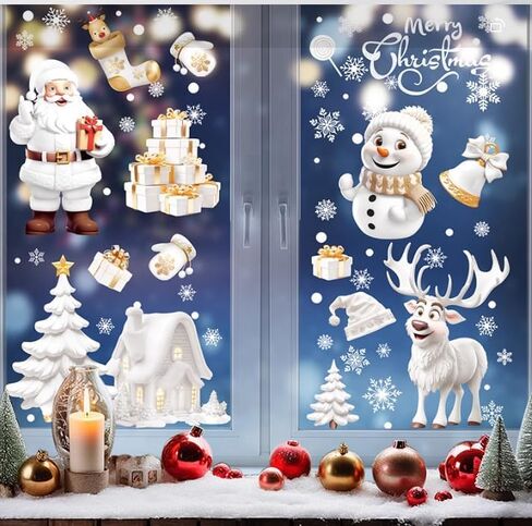 Christmas Window Clings 190Pcs, 2024 New Double Sided Christmas Window Stickers 3D Style, Xmas Snowman Santa Claus Reindeer Snowflakes Window Decals Decorations in Kuwait