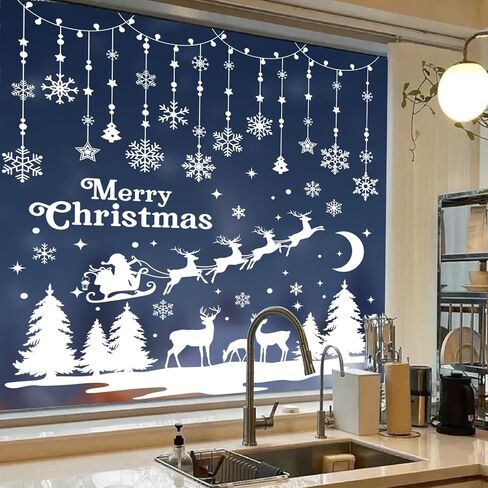 Christmas Window Clings 190Pcs, 2024 New Double Sided Christmas Window Stickers 3D Style, Xmas Snowman Santa Claus Reindeer Snowflakes Window Decals Decorations in Kuwait