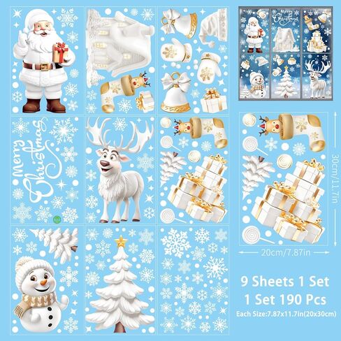 Christmas Window Clings 190Pcs, 2024 New Double Sided Christmas Window Stickers 3D Style, Xmas Snowman Santa Claus Reindeer Snowflakes Window Decals Decorations in Kuwait