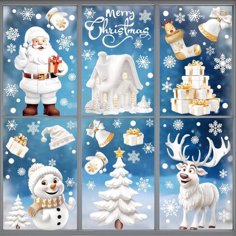 Christmas Window Clings 190Pcs, 2024 New Double Sided Christmas Window Stickers 3D Style, Xmas Snowman Santa Claus Reindeer Snowflakes Window Decals Decorations in Kuwait