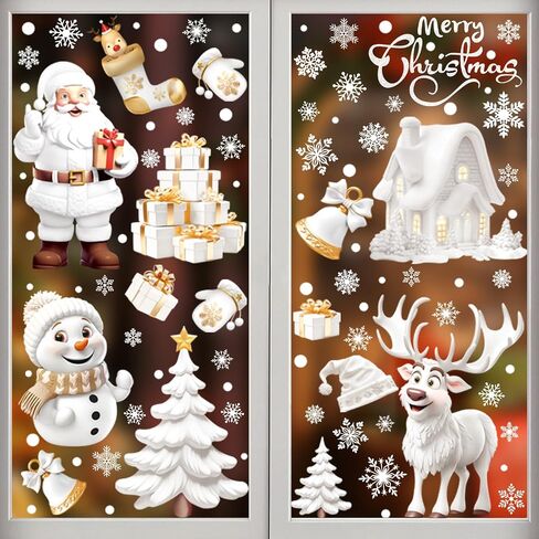 Christmas Window Clings 190Pcs, 2024 New Double Sided Christmas Window Stickers 3D Style, Xmas Snowman Santa Claus Reindeer Snowflakes Window Decals Decorations in Kuwait