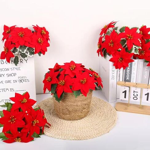 Poinsettias Artificial Christmas Flowers Decorations - 4 Pcs Artificial Red Poinsettia Flowers with Stems 5 Heads for Christmas Tree,Fake Red Poinsettia Flowers for Home Outdoor Xmas Tree Decor in Saudi Arabia