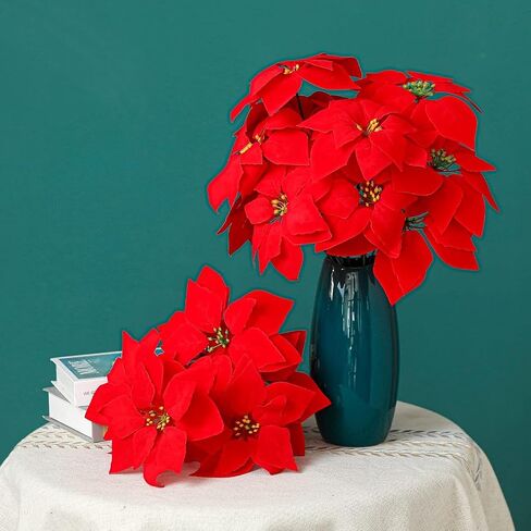 Poinsettias Artificial Christmas Flowers Decorations - 4 Pcs Artificial Red Poinsettia Flowers with Stems 5 Heads for Christmas Tree,Fake Red Poinsettia Flowers for Home Outdoor Xmas Tree Decor in Saudi Arabia
