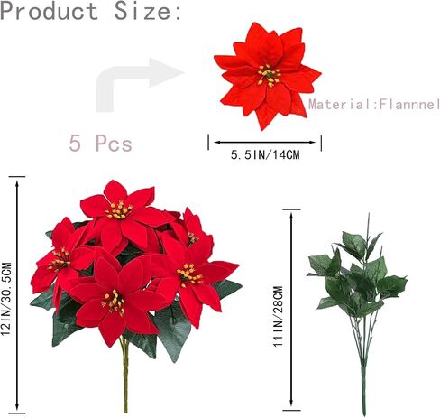 Poinsettias Artificial Christmas Flowers Decorations - 4 Pcs Artificial Red Poinsettia Flowers with Stems 5 Heads for Christmas Tree,Fake Red Poinsettia Flowers for Home Outdoor Xmas Tree Decor in Saudi Arabia
