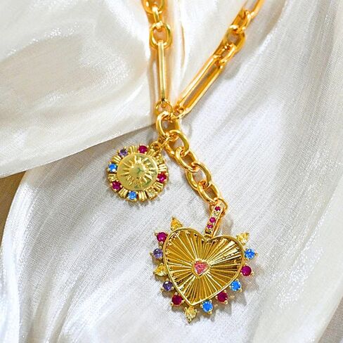 Chunky Gold Heart Necklaces for Women 18K Gold Plated Charm Necklace Sun Pendant Chain Jewelry. in Saudi Arabia