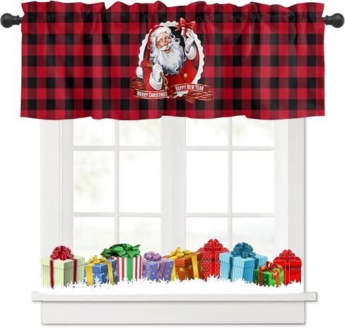 Christmas Window Curtain Valance for Kitchen Bedroom, Santa Claus Snowflakes Gifts Merry Christmas Decor Red Short Curtain Rod Pocket for Bathroom,54" x 18", 1 Panel in Saudi Arabia