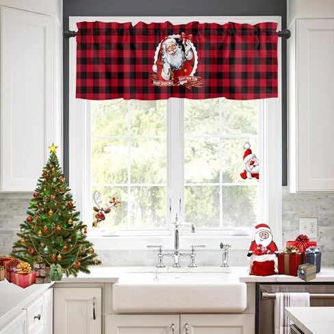 Christmas Window Curtain Valance for Kitchen Bedroom, Santa Claus Snowflakes Gifts Merry Christmas Decor Red Short Curtain Rod Pocket for Bathroom,54" x 18", 1 Panel in Saudi Arabia