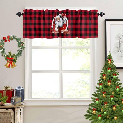 Christmas Window Curtain Valance for Kitchen Bedroom, Santa Claus Snowflakes Gifts Merry Christmas Decor Red Short Curtain Rod Pocket for Bathroom,54" x 18", 1 Panel in Saudi Arabia