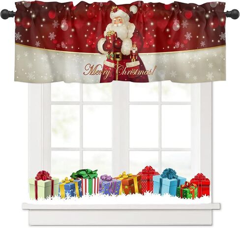 Christmas Window Curtain Valance for Kitchen Bedroom, Santa Claus Snowflakes Gifts Merry Christmas Decor Red Short Curtain Rod Pocket for Bathroom,54" x 18", 1 Panel in Saudi Arabia