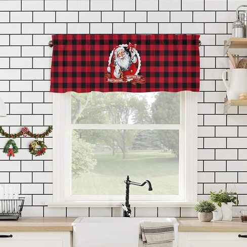 Christmas Window Curtain Valance for Kitchen Bedroom, Santa Claus Snowflakes Gifts Merry Christmas Decor Red Short Curtain Rod Pocket for Bathroom,54" x 18", 1 Panel in Saudi Arabia