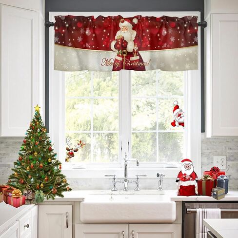 Christmas Window Curtain Valance for Kitchen Bedroom, Santa Claus Snowflakes Gifts Merry Christmas Decor Red Short Curtain Rod Pocket for Bathroom,54" x 18", 1 Panel in Saudi Arabia
