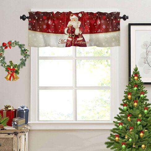Christmas Window Curtain Valance for Kitchen Bedroom, Santa Claus Snowflakes Gifts Merry Christmas Decor Red Short Curtain Rod Pocket for Bathroom,54" x 18", 1 Panel in Saudi Arabia
