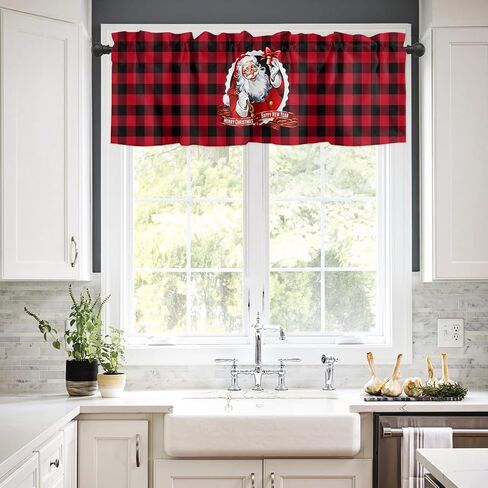 Christmas Window Curtain Valance for Kitchen Bedroom, Santa Claus Snowflakes Gifts Merry Christmas Decor Red Short Curtain Rod Pocket for Bathroom,54" x 18", 1 Panel in Saudi Arabia