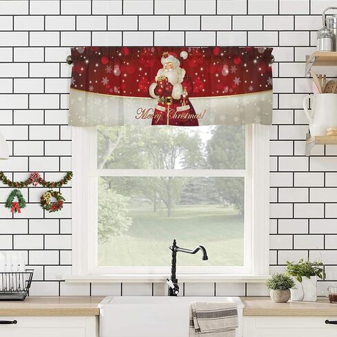 Christmas Window Curtain Valance for Kitchen Bedroom, Santa Claus Snowflakes Gifts Merry Christmas Decor Red Short Curtain Rod Pocket for Bathroom,54" x 18", 1 Panel in Saudi Arabia
