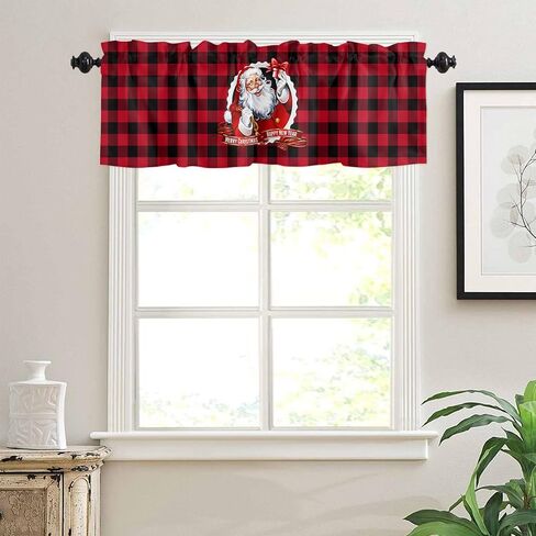 Christmas Window Curtain Valance for Kitchen Bedroom, Santa Claus Snowflakes Gifts Merry Christmas Decor Red Short Curtain Rod Pocket for Bathroom,54" x 18", 1 Panel in Saudi Arabia