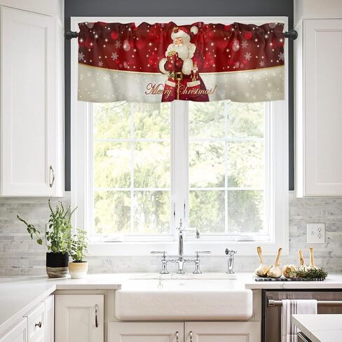 Christmas Window Curtain Valance for Kitchen Bedroom, Santa Claus Snowflakes Gifts Merry Christmas Decor Red Short Curtain Rod Pocket for Bathroom,54" x 18", 1 Panel in Saudi Arabia