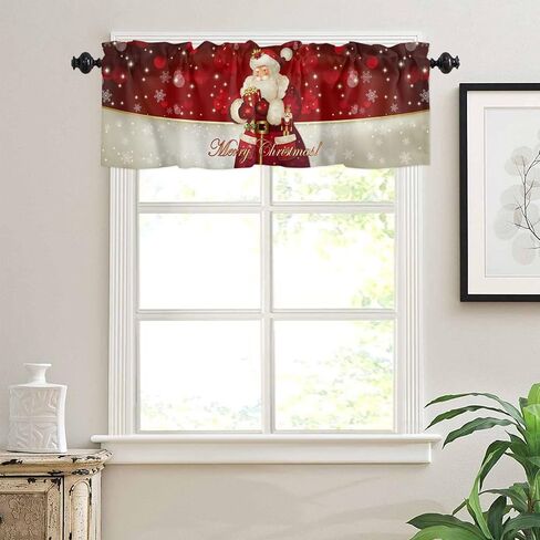 Christmas Window Curtain Valance for Kitchen Bedroom, Santa Claus Snowflakes Gifts Merry Christmas Decor Red Short Curtain Rod Pocket for Bathroom,54" x 18", 1 Panel in Saudi Arabia
