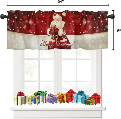 Christmas Window Curtain Valance for Kitchen Bedroom, Santa Claus Snowflakes Gifts Merry Christmas Decor Red Short Curtain Rod Pocket for Bathroom,54" x 18", 1 Panel in Saudi Arabia