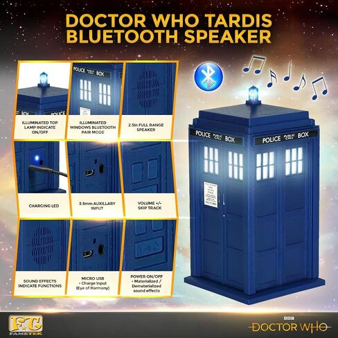 FAMETEK Doctor Who Bad Wolf Tardis Wireless Bluetooth Speaker Plays Music, Lights Up, Accurate Sounds Effects |Gifts for Men or Women - Best Gifts Birthday Collectibles for Doctor Who in Kuwait