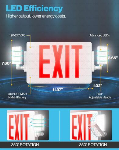 Sunco 6 عبوات من لافتات الخروج الحمراء مع مصابيح الطوارئ، ومصباحان LED قابلان للتعديل، مقاومة للحريق 94V-0، بطارية احتياطية، 120-277 فولت، حامل على الحائط أو السقف، درجة تجارية مزدوجة الجوانب UL in Kuwait