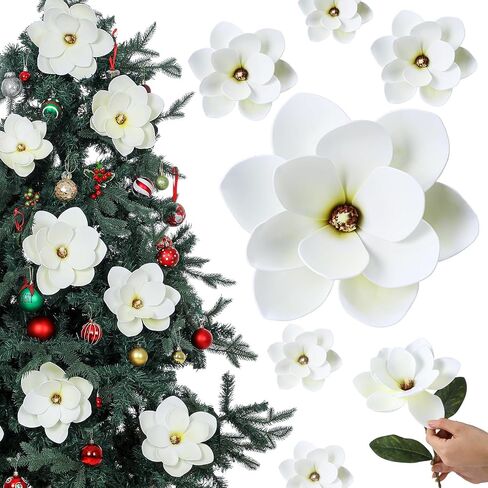 10 Pcs Large Jumbo Christmas Magnolia Flower Christmas Tree Decorations White Artificial Magnolia Christmas Ornaments for Xmas Party New Year Wedding Home Floral Decor in Saudi Arabia