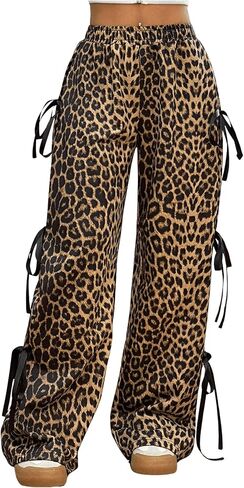 Milumia Women's Leopard Print Bow Tie Side Pants Low Rise Wide Leg Sweatpants in Saudi Arabia