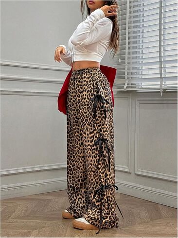 Milumia Women's Leopard Print Bow Tie Side Pants Low Rise Wide Leg Sweatpants in Saudi Arabia