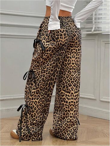 Milumia Women's Leopard Print Bow Tie Side Pants Low Rise Wide Leg Sweatpants in Saudi Arabia