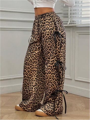 Milumia Women's Leopard Print Bow Tie Side Pants Low Rise Wide Leg Sweatpants in Saudi Arabia