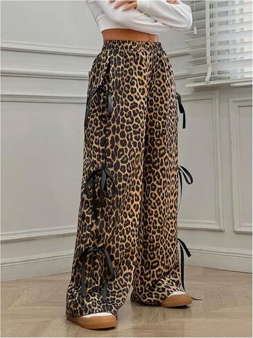 Milumia Women's Leopard Print Bow Tie Side Pants Low Rise Wide Leg Sweatpants in Saudi Arabia