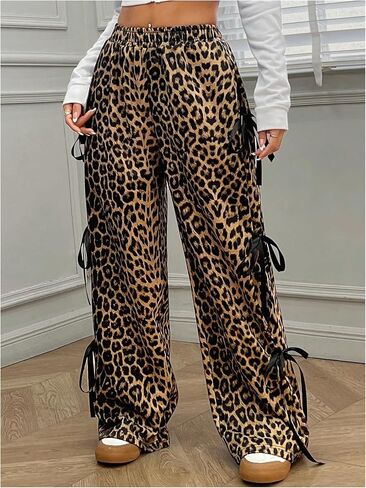 Milumia Women's Leopard Print Bow Tie Side Pants Low Rise Wide Leg Sweatpants in Saudi Arabia