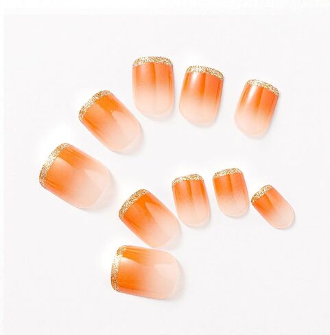 Press On Nails - Short Square, Heart Pattern - Red Ombre and Black color, Glitter - No Glue Needed - 24pcs, 12 Sizes - Perfect for Office & Fragile Nails - Lasting Up to 2 Weeks in Saudi Arabia