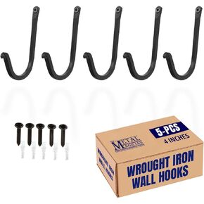 The Metal Magician Single Prong Wrought Iron Hooks, Vintage Hand Forged Iron Classic Hook Set – Rustic Curved Metal Fasteners – Decorative Colonial Wall Décor (Set of 5)