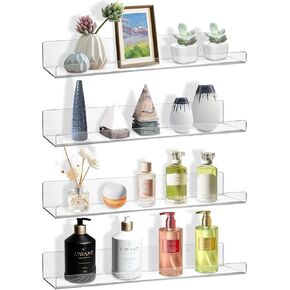 AMEITECH 4 Pack Floating Shelves for Wall, 15" Acrylic Shelves for Room Decor, Book Shelf for Kids, Clear Hanging Display Shelf Organizer for Kitchen, Bedroom, Bathroon Organizers and Storage