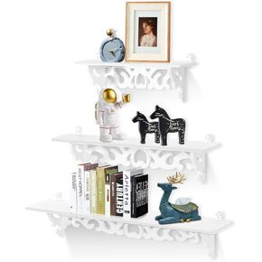 3 Tier Floating Shelves for Wall, Retro Carved Floating Wall Shelves Wall Mounted Rustic Wood Shelves for Bathroom, Bedroom, Living Room, Provides Added Space