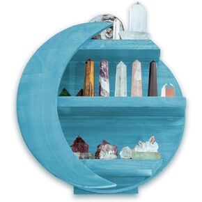 CHAMAMA Black Moon Shelf with Stars, Wiccan Decor, Moon Shaped Shelf for Crystals, Moon Decor, Wooden Moon Shelf, Bathroom Decor, Crystal Shelf (Early American)