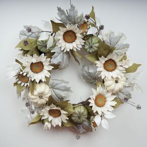 20-Inch Fall Wreath for Front Door, Decorative Wreath with White and Green Pumpkins, Sunflowers, and Greenery, Perfect for Autumn Decor, Thanksgiving, and Indoor/Outdoor Use