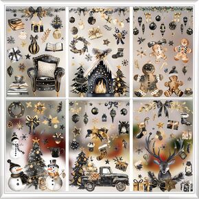 Kreatwow Black Gold Christmas Window Decorations 6pcs Christmas Window Clings Snowmen Ginger Bread Christmas Tree Stickers Xmas Deer Stickers for Xmas Winter Holiday Party Baby Shower Bridal Shower