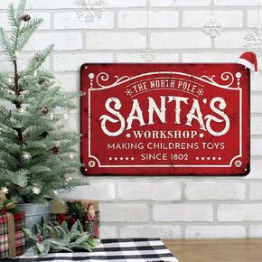 Christmas Decorations Santa's Workshop Sign Retro Santa Sign Christmas Wall Decorations, 8x12 Inches Funny Christmas Signs Christmas Wall Art for Home Coffee Shop Retro Christmas Door Sign