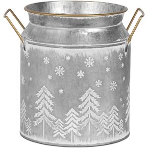 Putuo Decor Large Metal Milk Can with White Winter Forest Snowflake Design Rustic Farmhouse Holiday Vase with Gold Handles Vintage Christmas Décor for Festive Centerpieces Home Accents (Silver Grey)