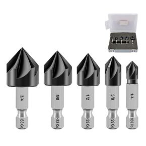 Countersink Drill Bit Set - Countersink Chamfer Deburring Tool Set with Quick Change Hex Shank for Stainless Steel Copper Wood Plastic 5pcs (1/4 Inch, 3/8 Inch, 1/2 Inch, 5/8 Inch, 3/4 Inch)