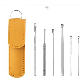 6 Pcs Professional Earwax Cleaner Remover Tool Set,Stainless Steel Ear Cleaner Curette,Multifunctional Reusable Earwax Cleaner Remover Tool Set, Earwax Cleaning Kit with PU Leather Case