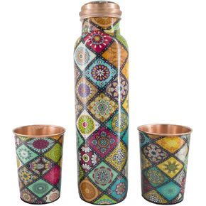 HealthGoodsIn Pure Copper Water Bottle with 2 Tumblers Set, Eco-Friendly, Reaping Ayurvedic Benefits with GIFT PACKAGING - Multicolor