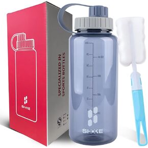 SHOKE 1 Liter Water Bottle, 32oz BPA Free Non-Toxic Tritan Wide Mouth Leakproof Large Sports Water Bottles with Handle, Gym Space Cup For Fitness Yoga Workouts Hiking with Sponge Bottle Brush